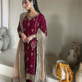 Maroon Partywear Heavy Embroidered Suit