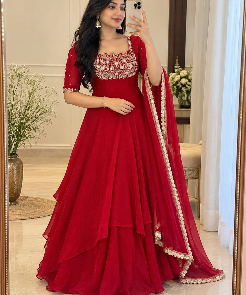 Keshavi Red Net Anarkali Gown