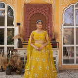 Mustard Sequance Embroidered Net Lehenga