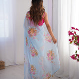 Sky Flower Print Organza Saree