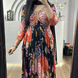 Black Flower Print Anarkali Gown