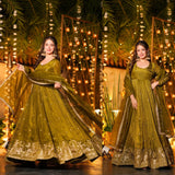 Shiny OLive Silk Anarakali Gown