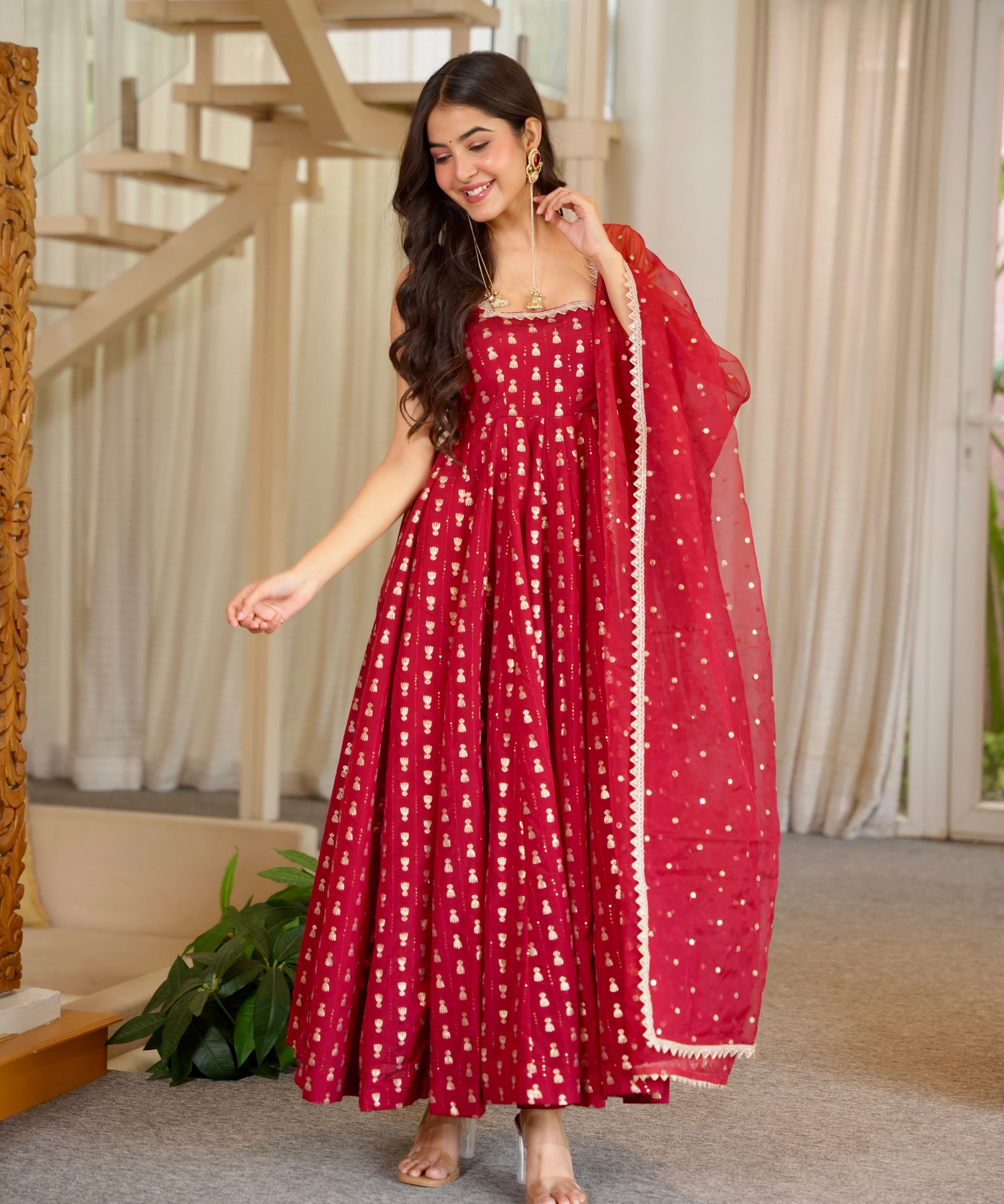 Patrywear Red Embroidered Anarkali Gown