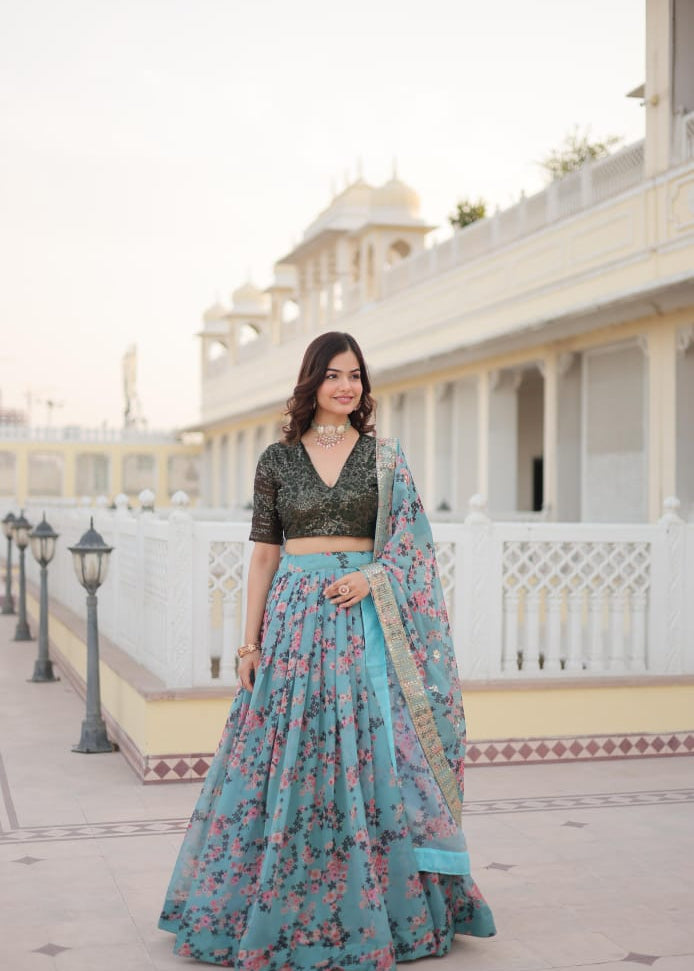 Premium Digital Printed Russian Silk Fabric Lehenga choli