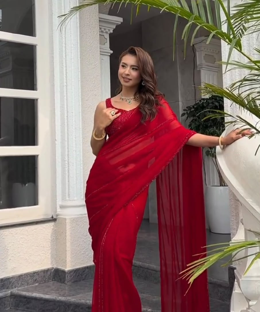 Striking Red Georgette Sequence Saree
