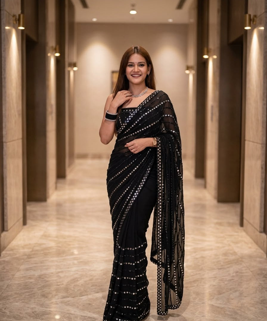 Black Real Mirror Work Saree