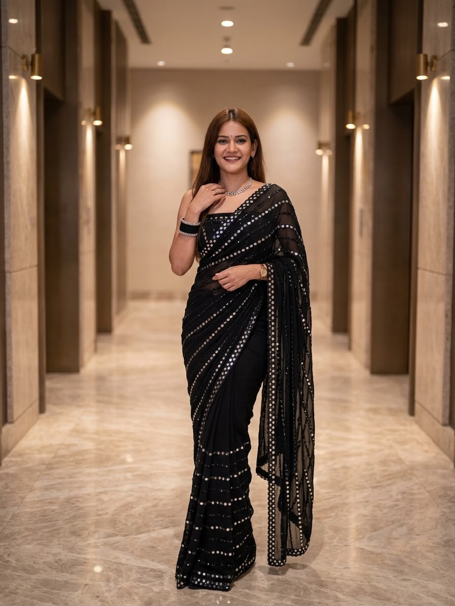 Black Real Mirror Work Saree