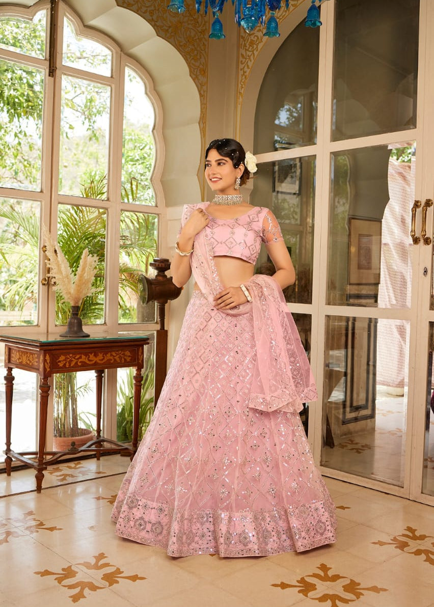 Baby Pink Sequins Embroidered Net Lehanga Choli