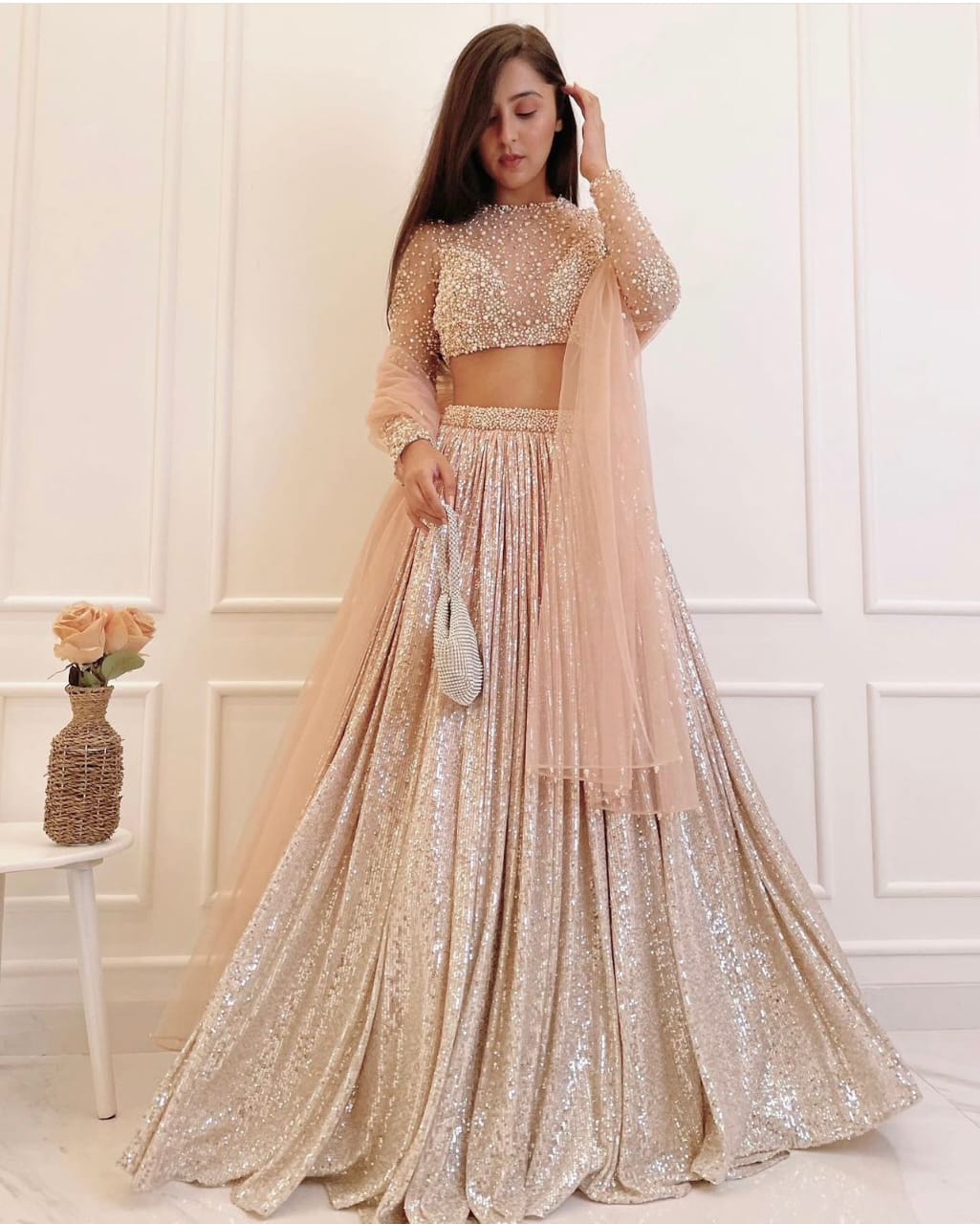 PEACH  satin silk padding lehnga of