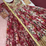 Maroon Flower Print Anarkali Gown