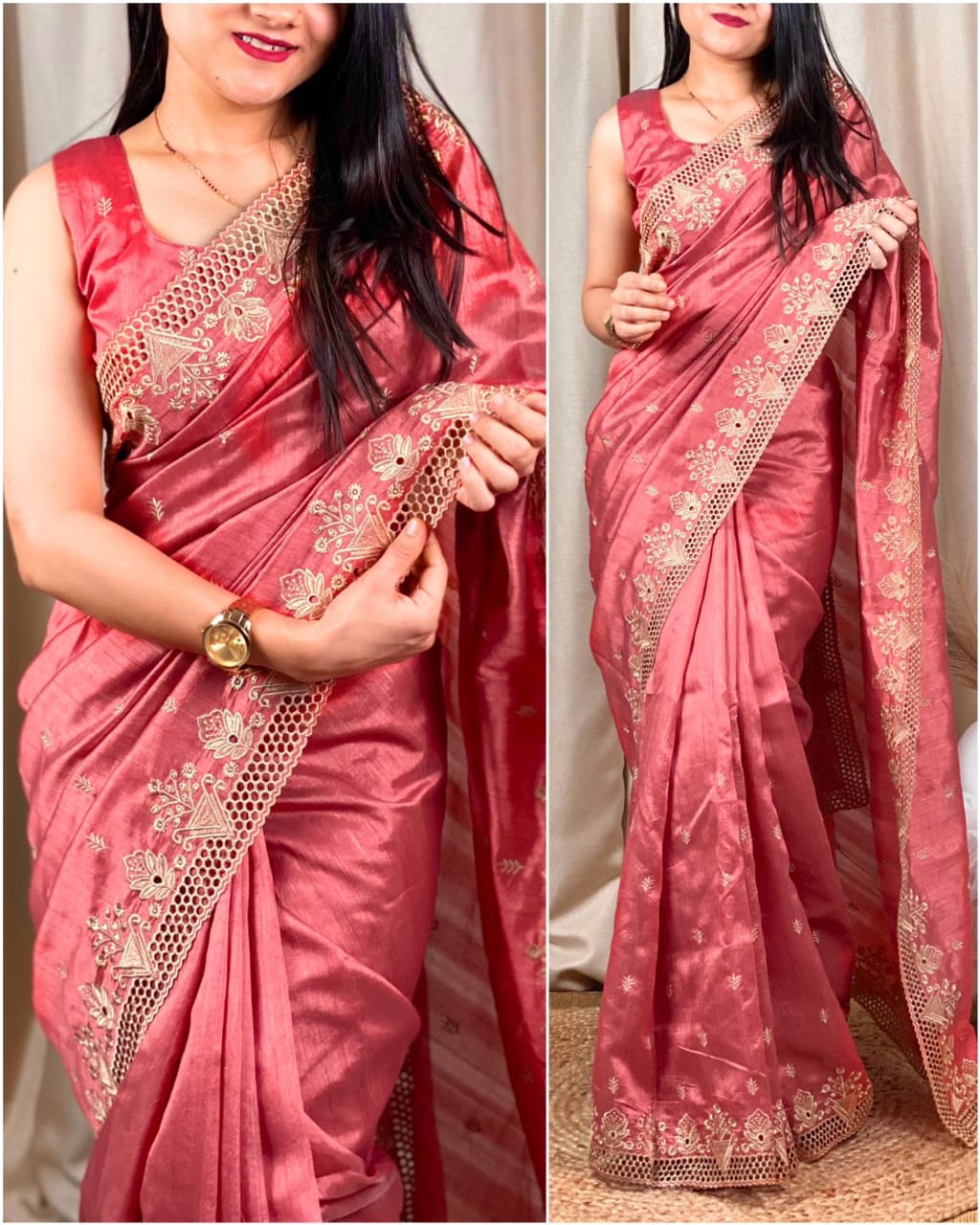 stunning cut work visca slub silk saree.