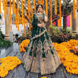 PRESENT DUSTY DARK GREEN COLORED DESIGNER LAHENGA CHOLI