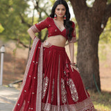 Trending Maroon Embroidered Flaired Lehenga