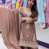 Designer Chinon Silk Embroidered Suit