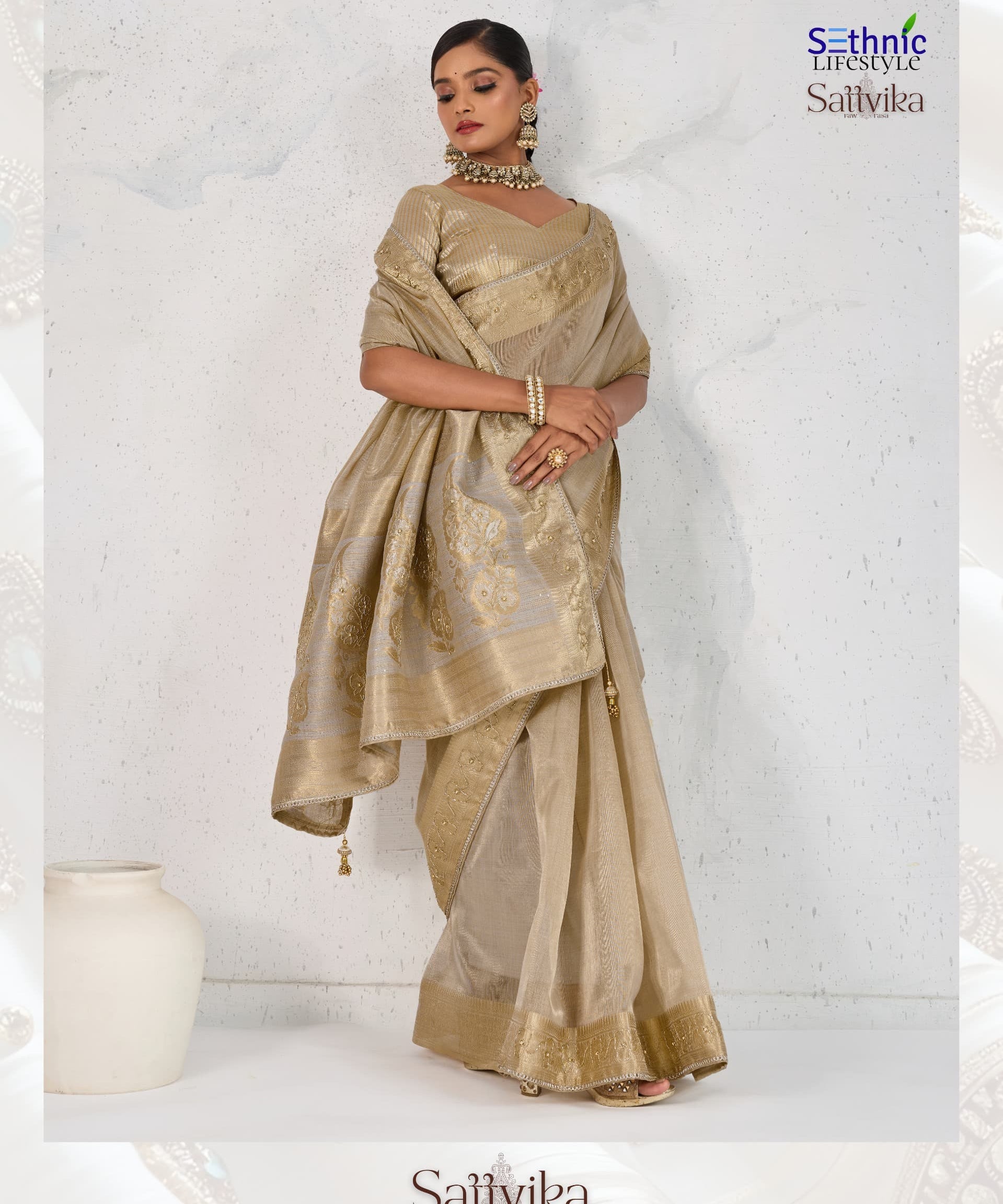 Handcrafted Sattvika Tissue Linen Saree