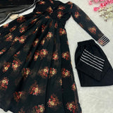 Black Flower Print Anarkali Gown