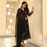 Black Flower Print Anarkali Gown