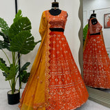 Orange Heavy Thread Work Lehenga