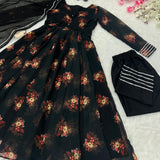 Black Flower Print Anarkali Gown