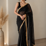 Midnight Gold Pearl Saree