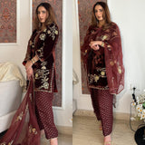 Maroon Velvet Embroidered Suit