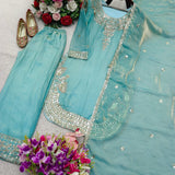 Trendy Sky Silk Embroidered Suit