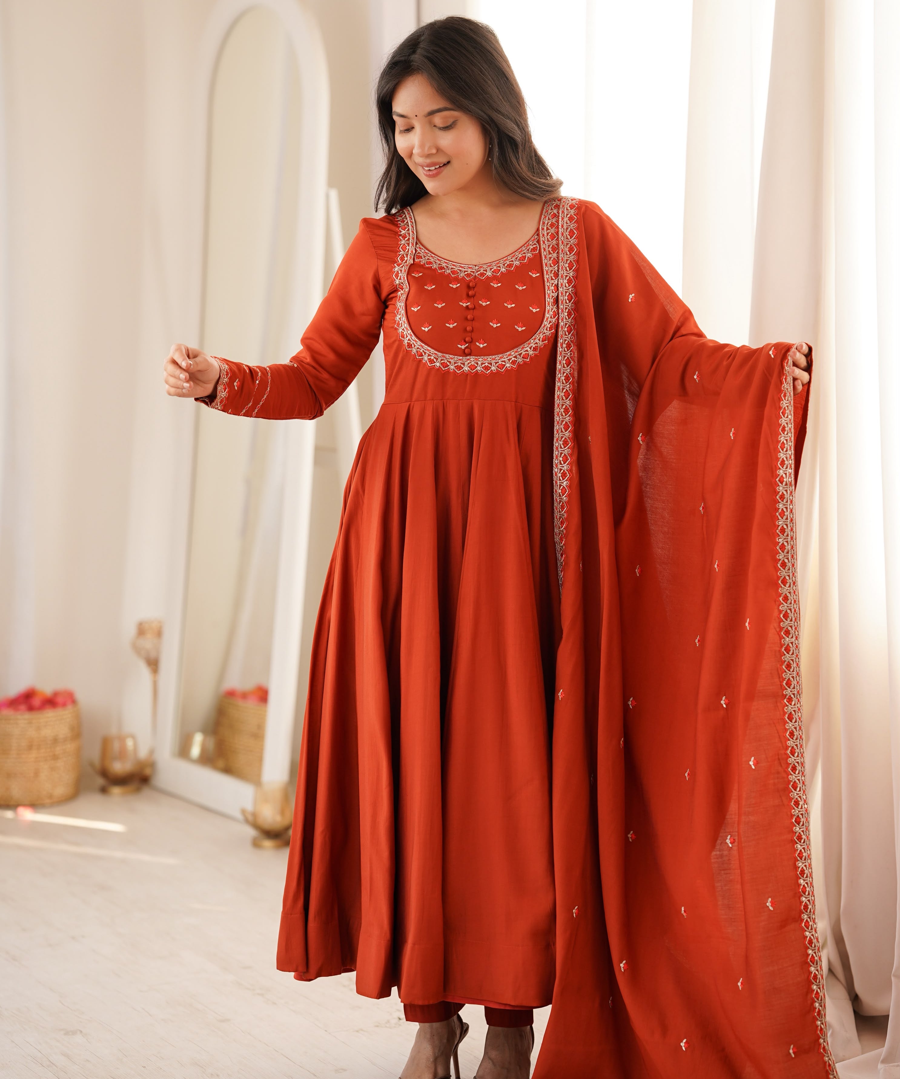 Orange Roman Silk Anarkali Gown