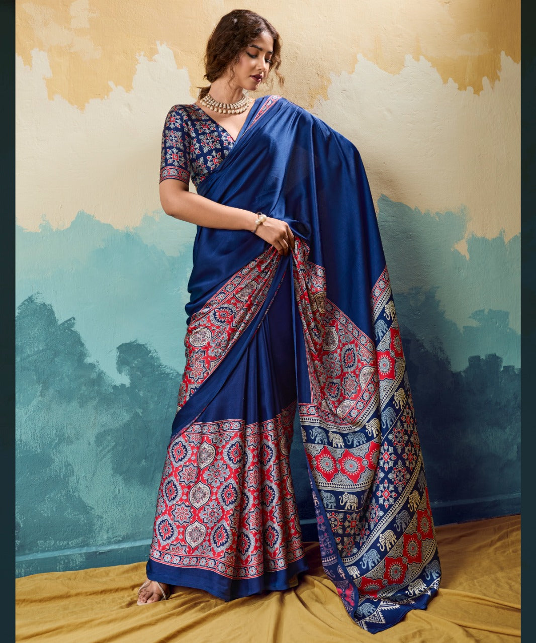 Traditional Pure Satin Ajrakh Saree