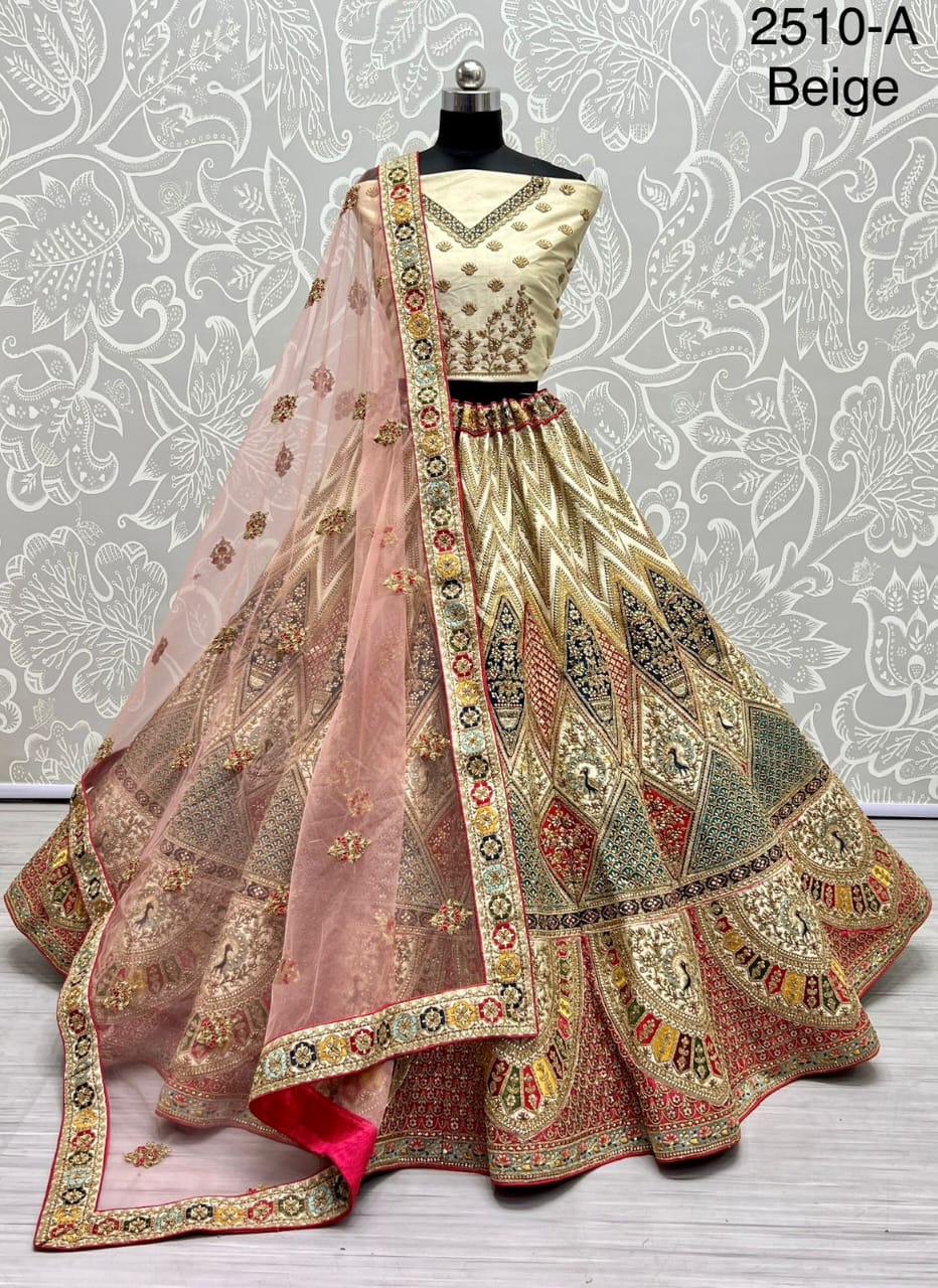 Multi Color Peacock Embroidered Designer Silk Lehengacholi