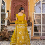 Mustard Sequance Embroidered Net Lehenga