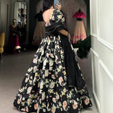 Black Flower Print Tusse Lehenga