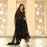 Black Flower Print Anarkali Gown