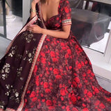 Maroon Flower Print Lehenga Choli