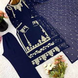 Dark Blue Embroidered Straight Suit