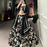 Black Flower Print Tusse Lehenga