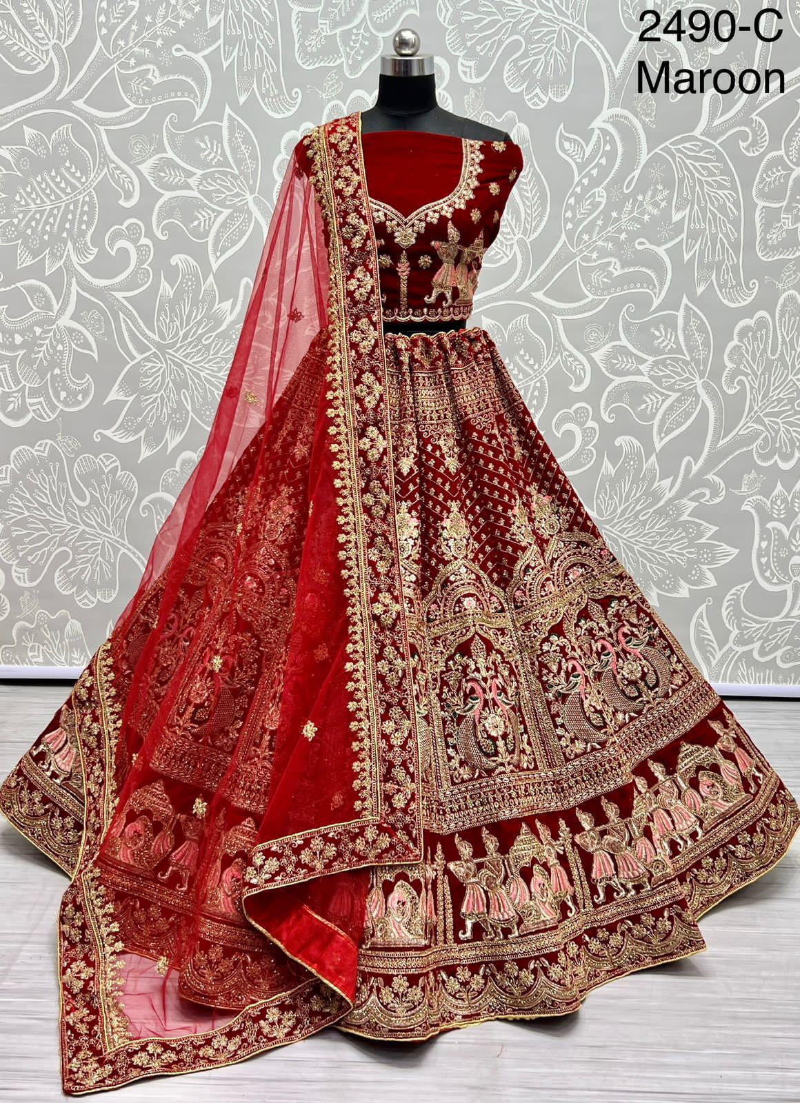 Peacock and Barat Embroidered Velvet Lehenga choli