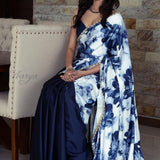 beautiful flower printed pallu and pearl lace saree