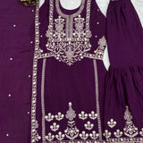 Wine Ethnic Embroidered Straight Suit