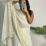 Georget Silk Saree With Lucknowi Thread Chikankari Work Saree