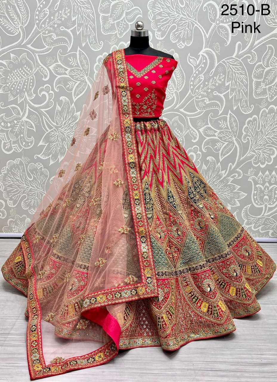 Multi Color Peacock Embroidered Designer Silk Lehengacholi