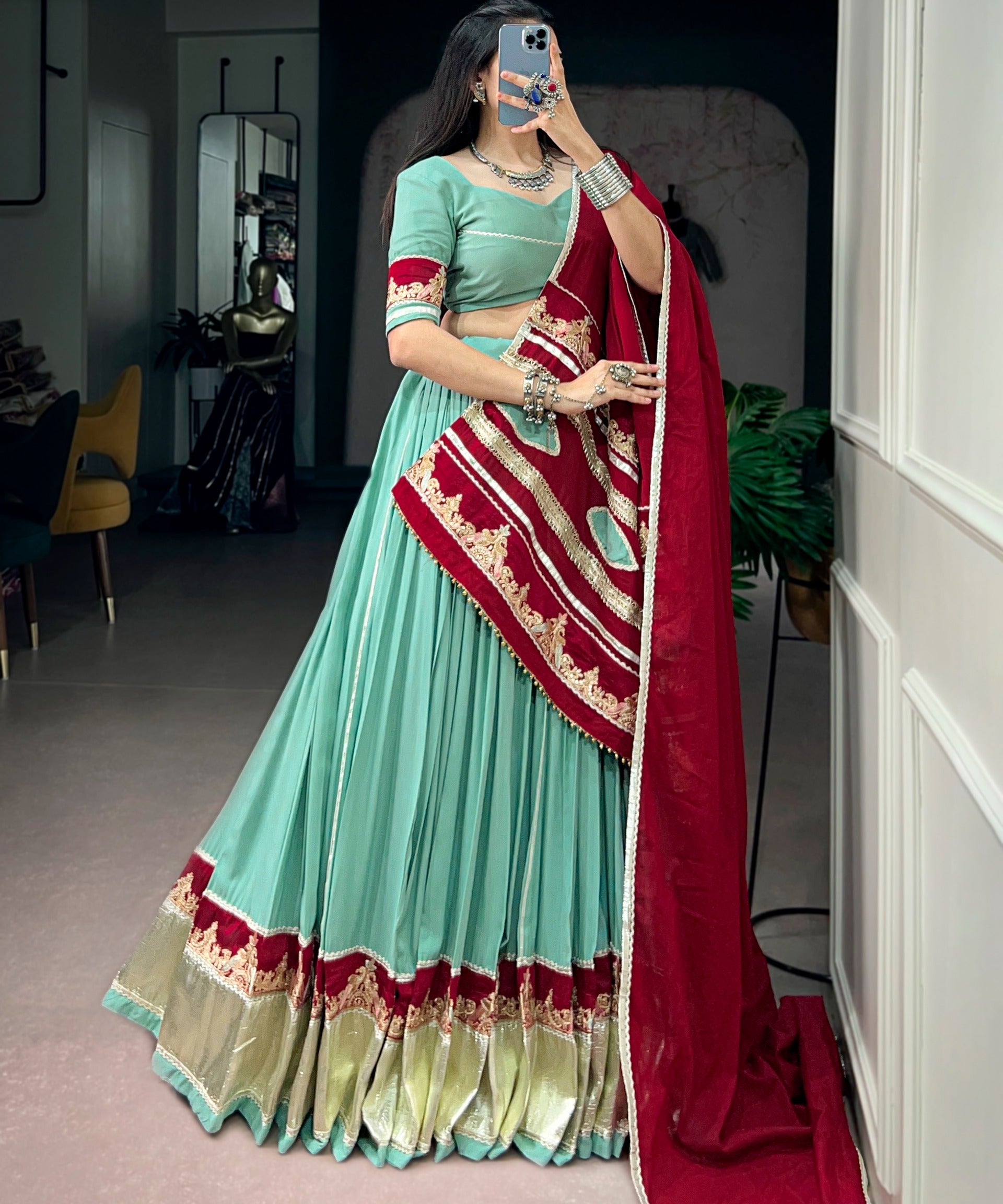 Festive Sea Green Rayon Lehenga