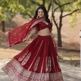 Trending Maroon Embroidered Flaired Lehenga