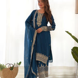Bluish Pure Chinon Silk Straight Suit