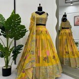 Yellow Multy Colored Chinon lehenga