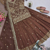 Brown Georgette Embroidered Top Lehenga