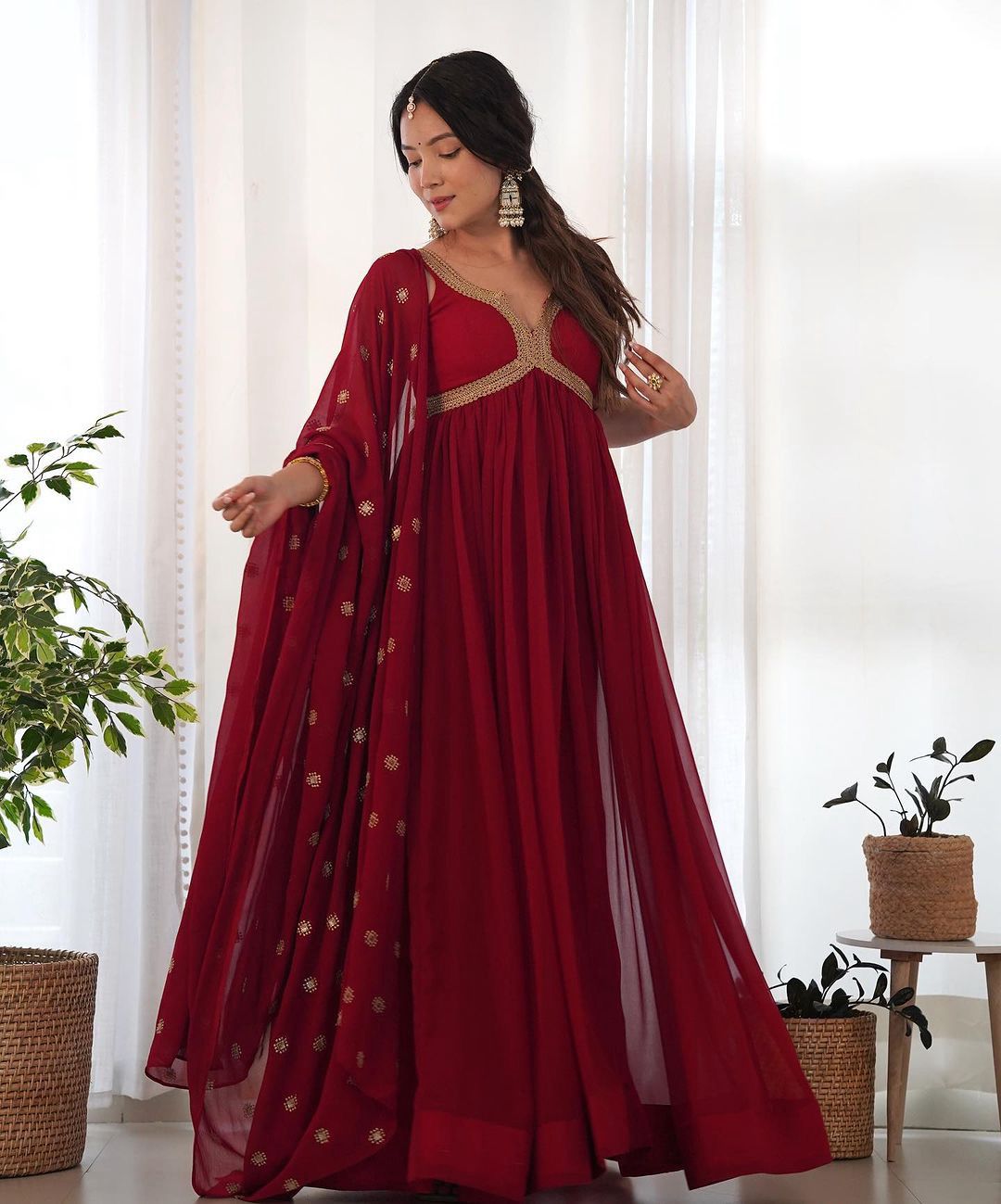 Partywear Maroon Sequance Work Gown