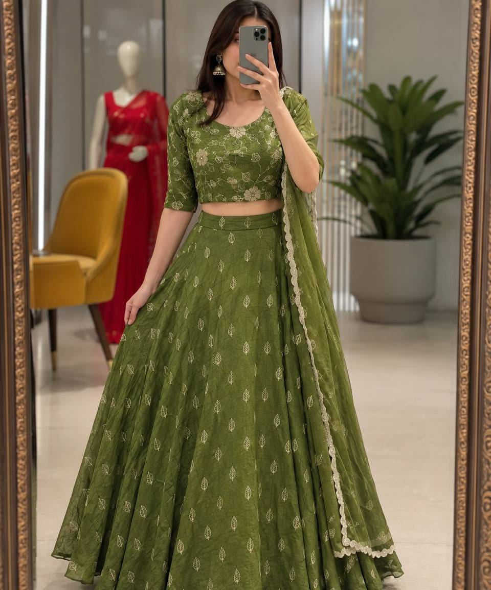 Elegant Olive Rangoli Cruch Lehenga