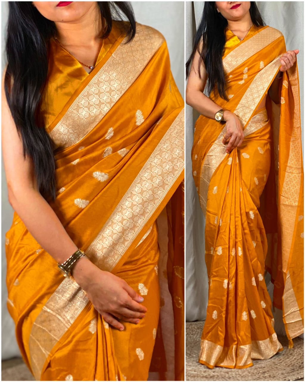 traditional weaving with soft shiney cotton Saree