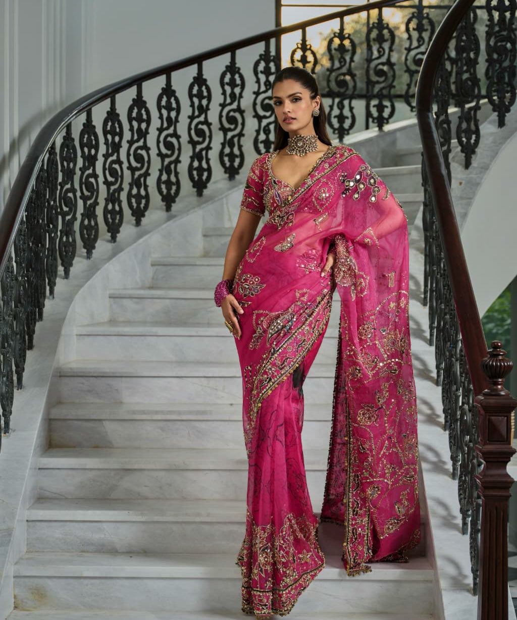 Pink Tabby Silk Floral Print Saree
