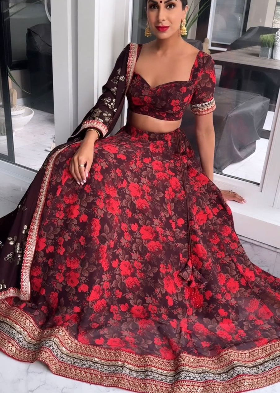 Maroon Flower Print Lehenga Choli